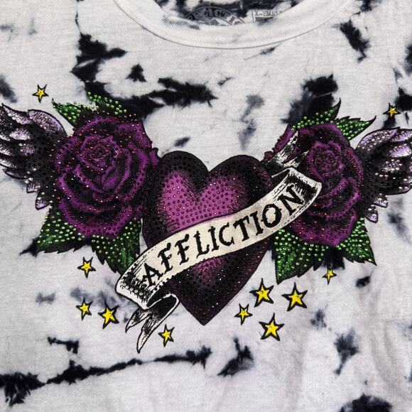 Affliction Y2K Top Womens XS Rhinestone Heart Crop Tee Ruched Tie Sides NEW - Picture 5 of 9